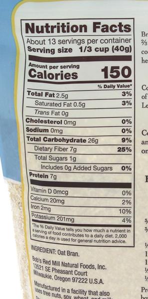 bob's red mill oat bran nutrition facts